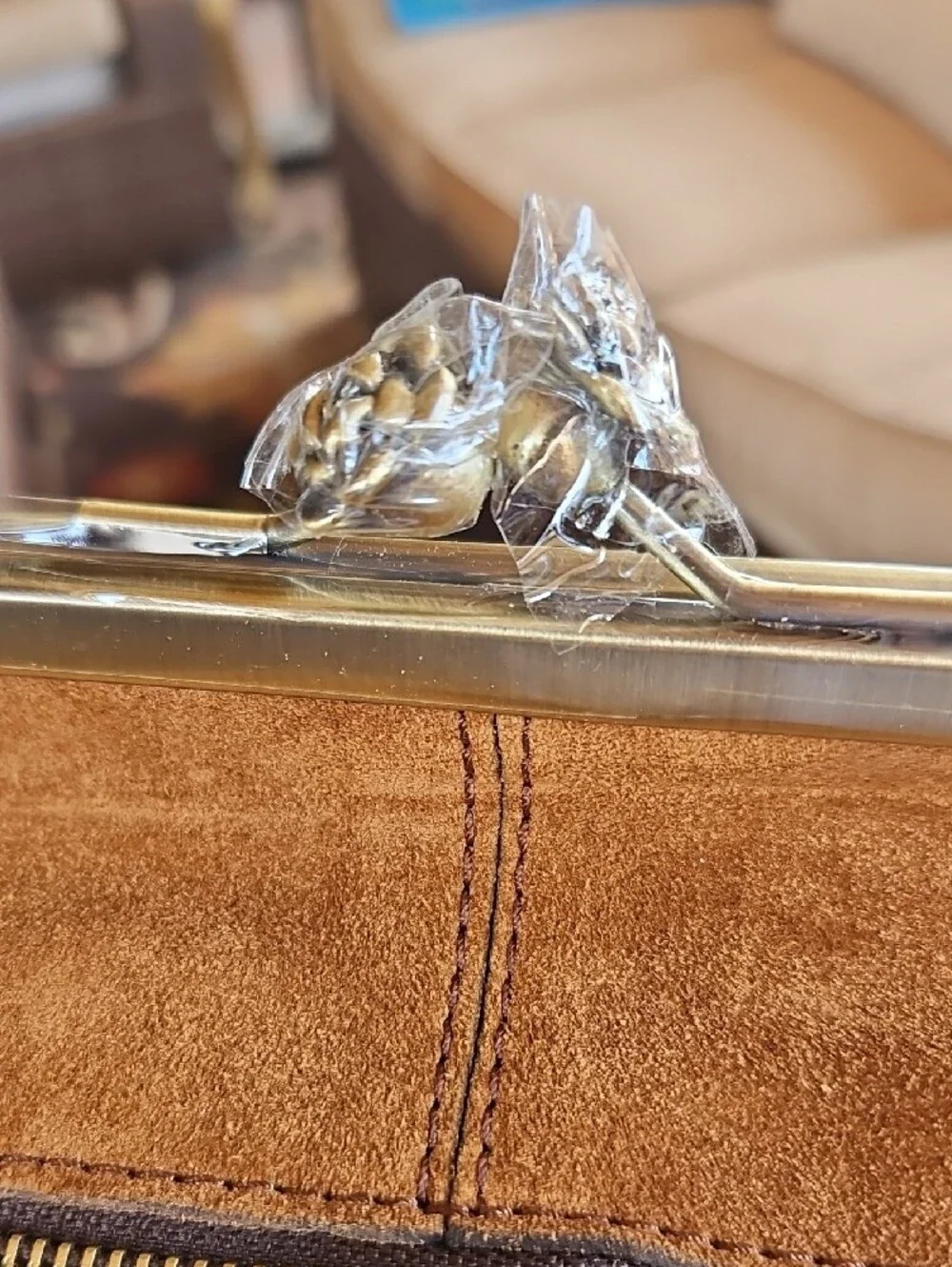 Cognac Suede Frame-Top Shoulder Bag in Cognac With Detachable Crossbody Strap
